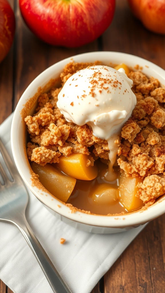 A single serving of apple crumble with ice cream on a rustic table.